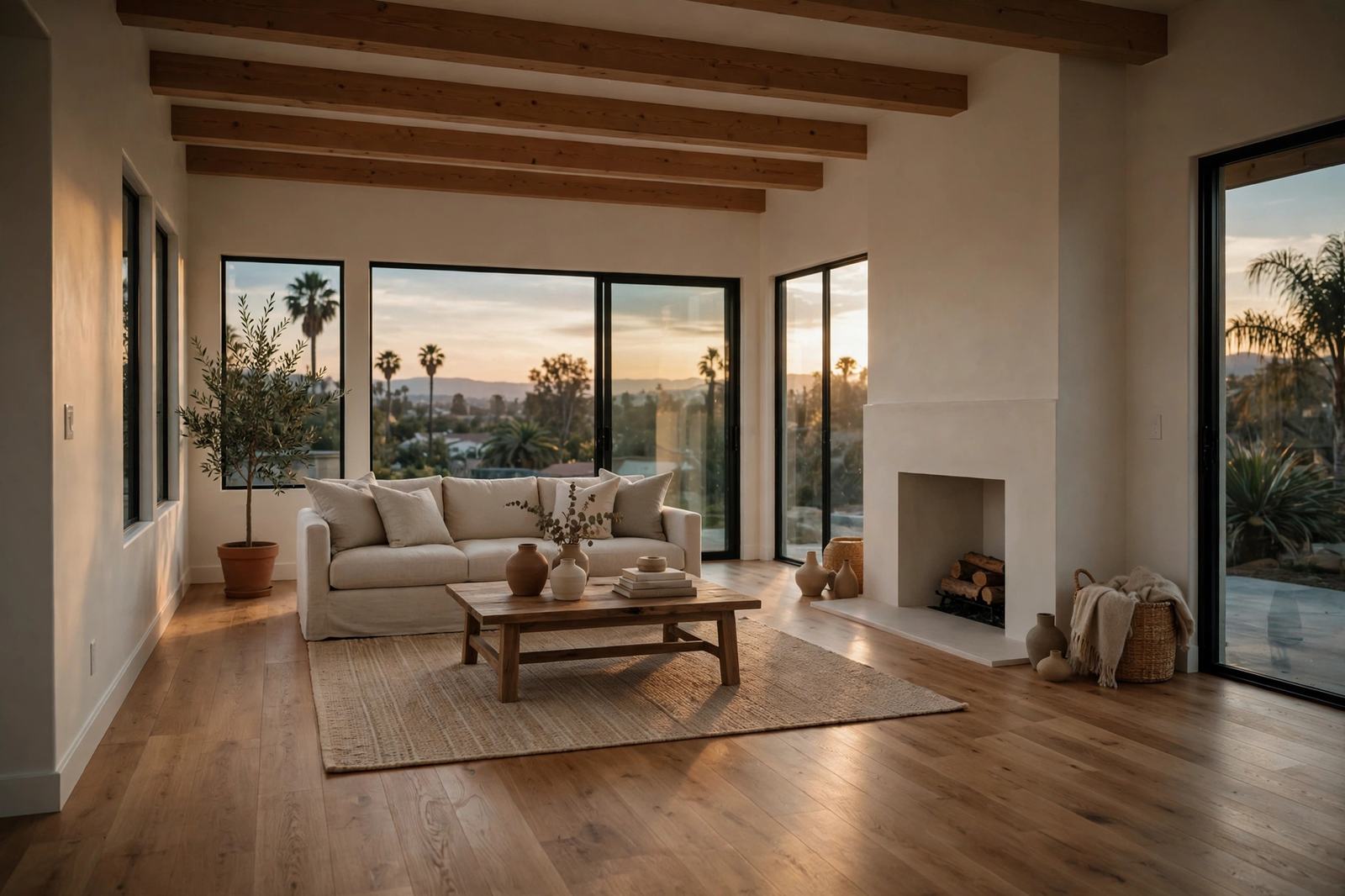 A freshly restored living room with clean walls and warm light