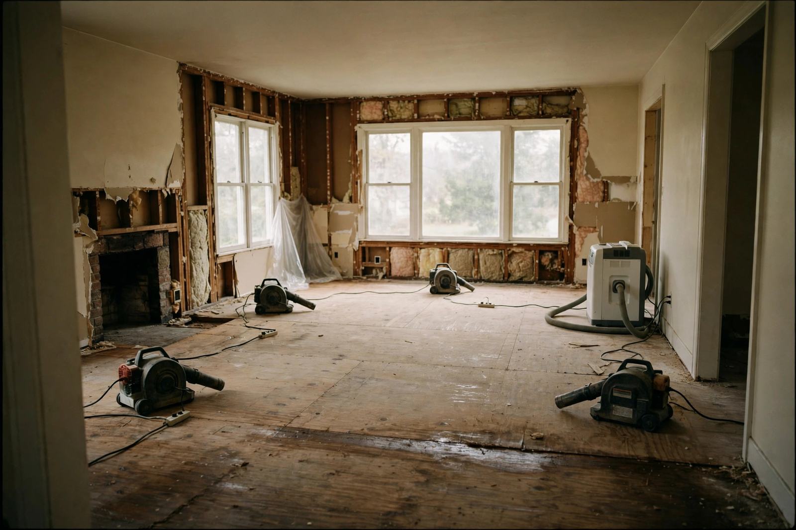A room being dried out with air movers after water damage